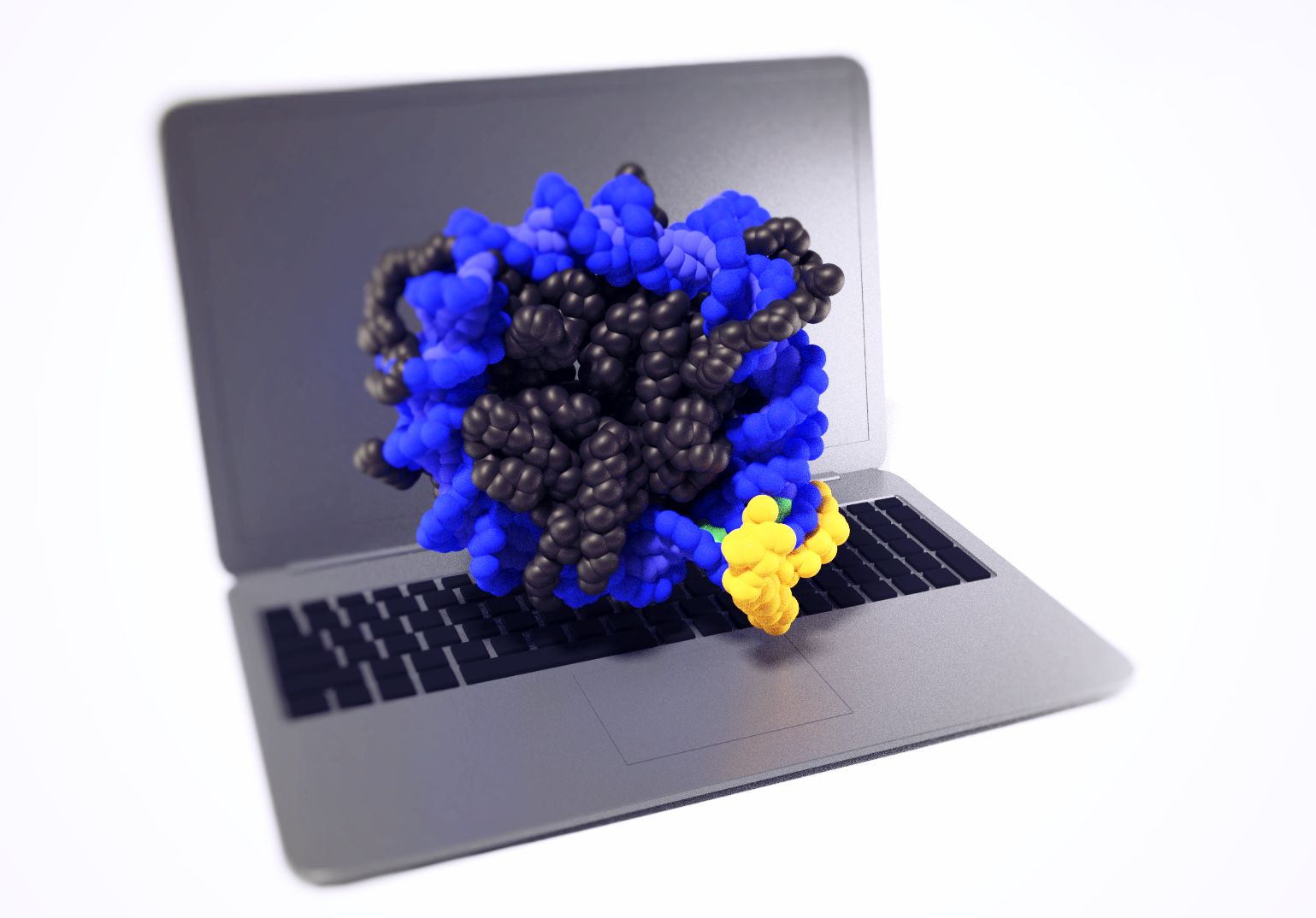 CG art of molecules on a laptop.